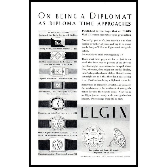 1929 Elgin Watches Watch Vintage Print Ad Graduation Gift Wall Art Photo - Picture 1 of 1